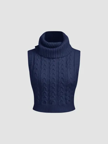 High Neck Solid Cable Knit Crop Vest
