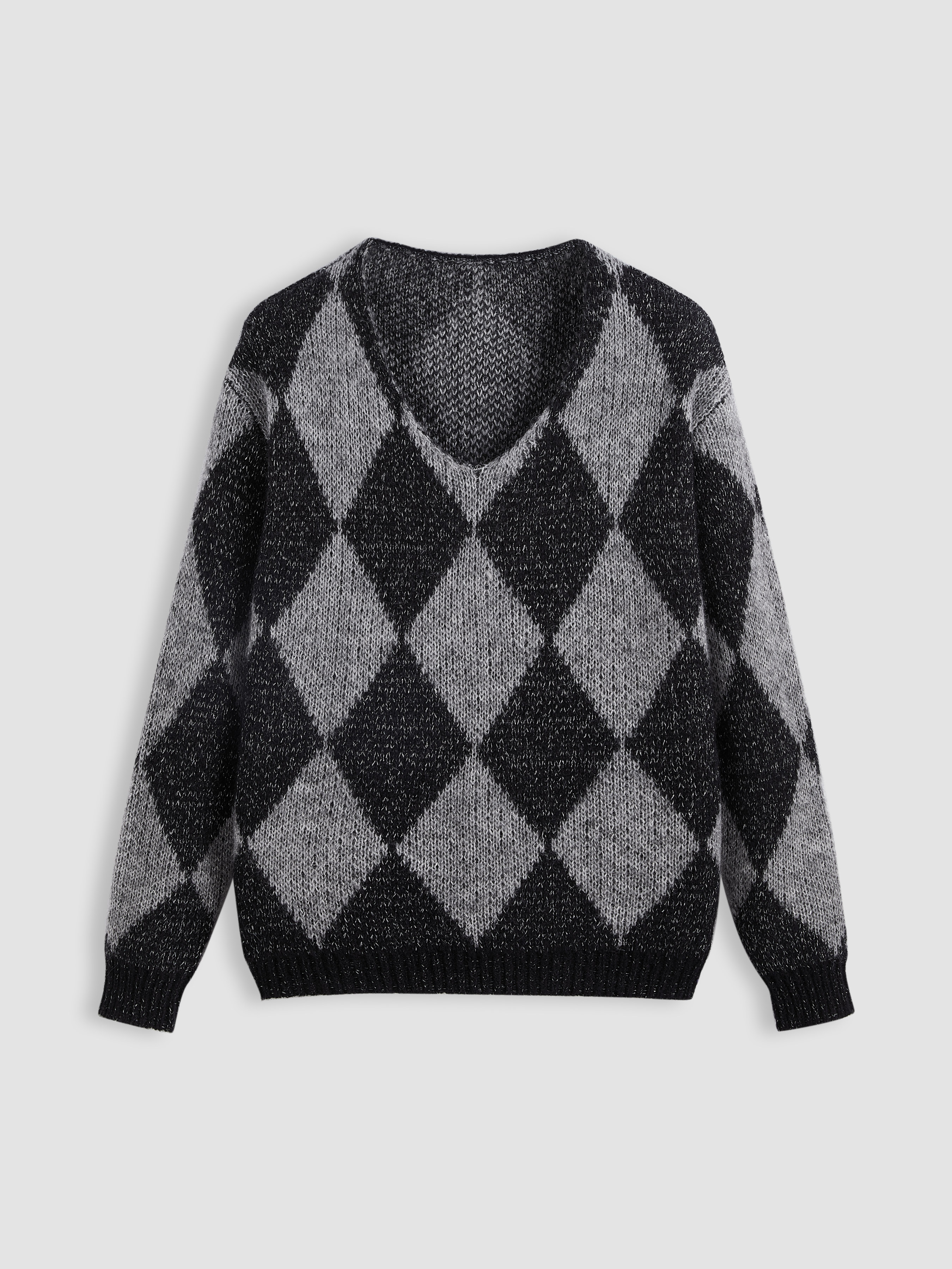 Wool-blend V-neck Geometric Knitted Long Sleeve Sweater Curve & Plus For  School Daily Casual