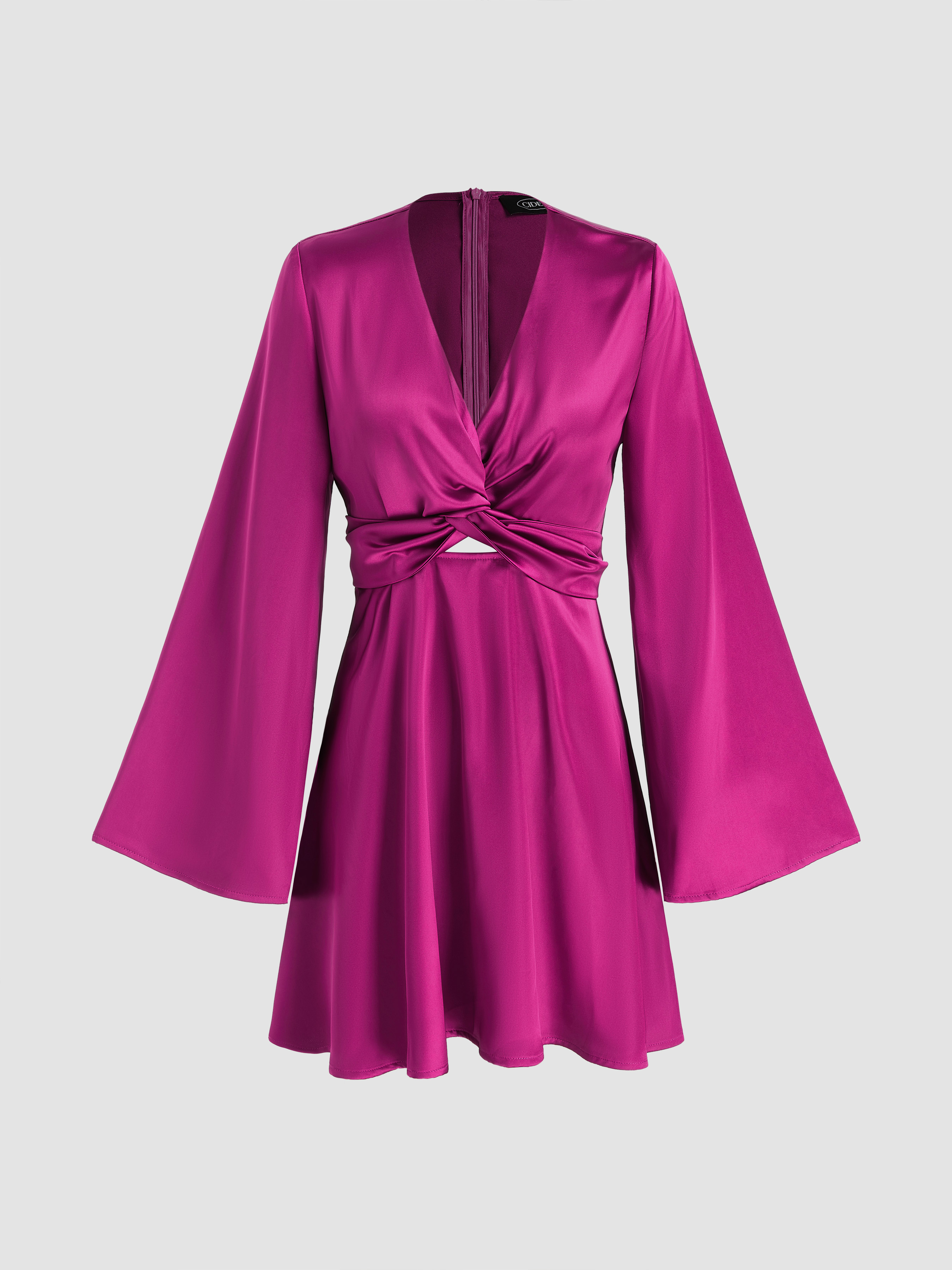 Satin Shop Satin V Neck Solid Bowknot Bell Sleeve Mini Dress For Daily