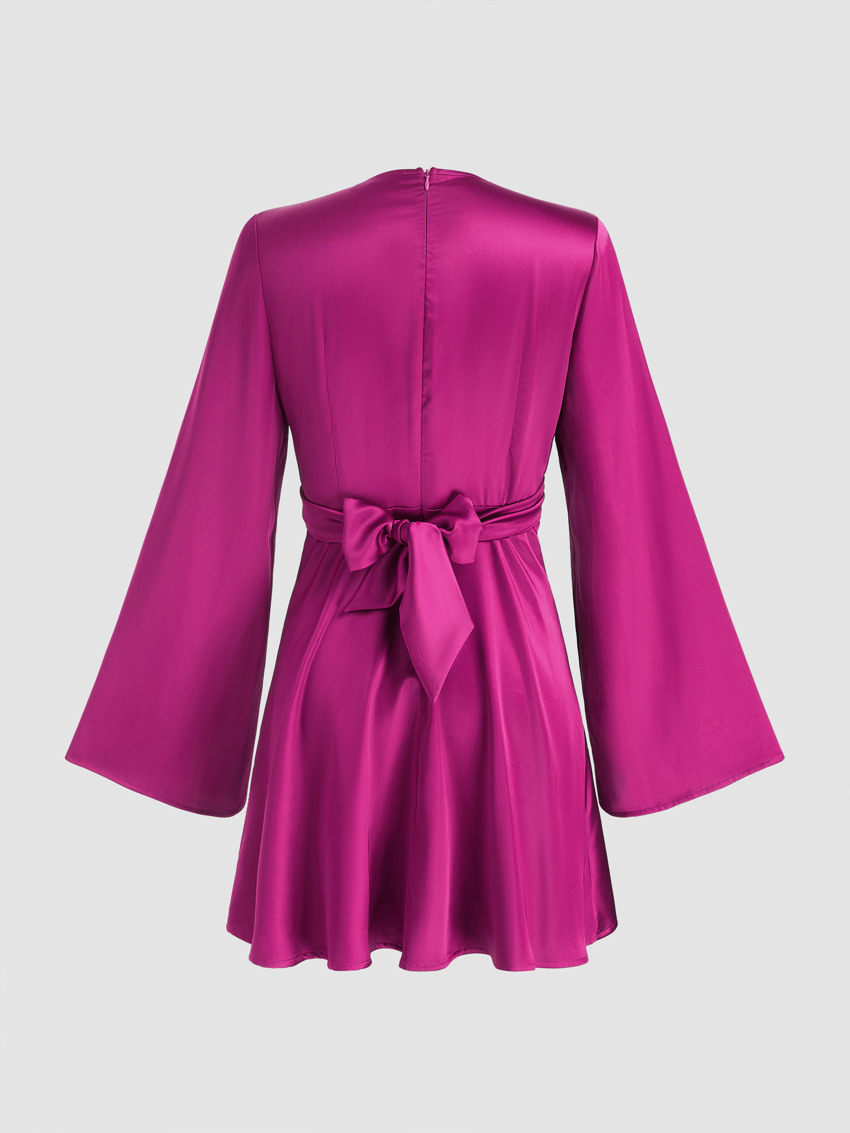 Satin Shop Satin V-neck Solid Bowknot Bell Sleeve Mini Dress For Daily Casual Date Coffee Shop Satin Shop Satin V-neck Solid Bowknot Bell Sleeve Mini Dress For Daily Casual Date Coffee Shop