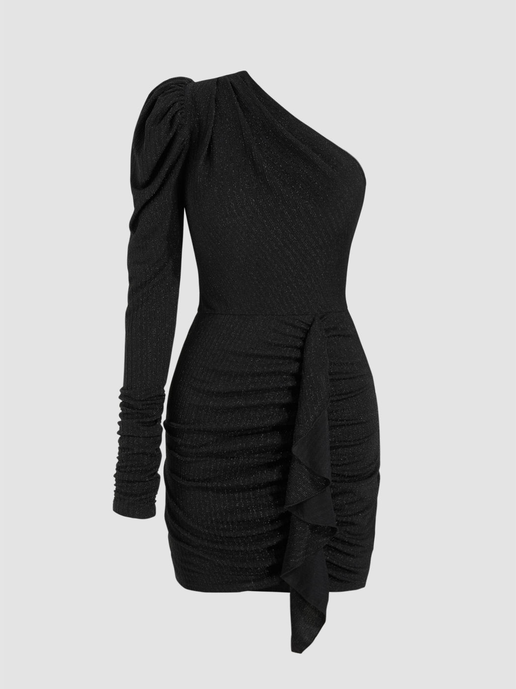 Metallic One Shoulder Asymmetrical Neck Ruched Mini Dress