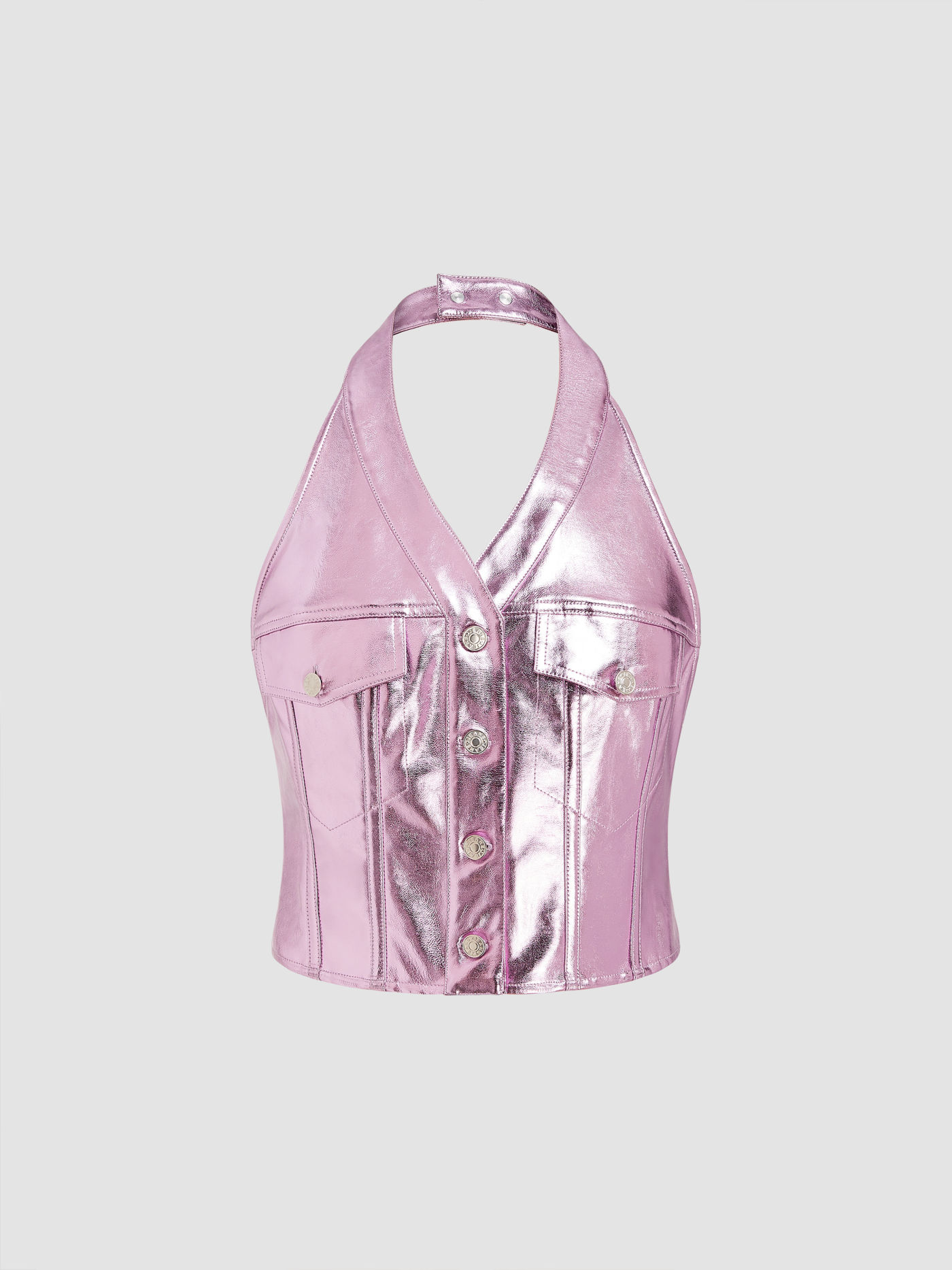 Faux Leather Metallic Halter Neck Pocket Button Backless Crop Top