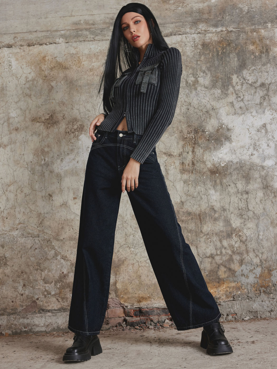  Denim Hochtaillierte Knopftasche Gerade Bein Jeans