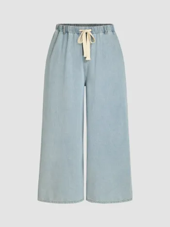 High Waist Solid Drawstring Wide Leg Jeans Curve & Plus
