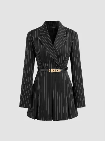 Striped Split Button Blazer Mini Dress With Belt
