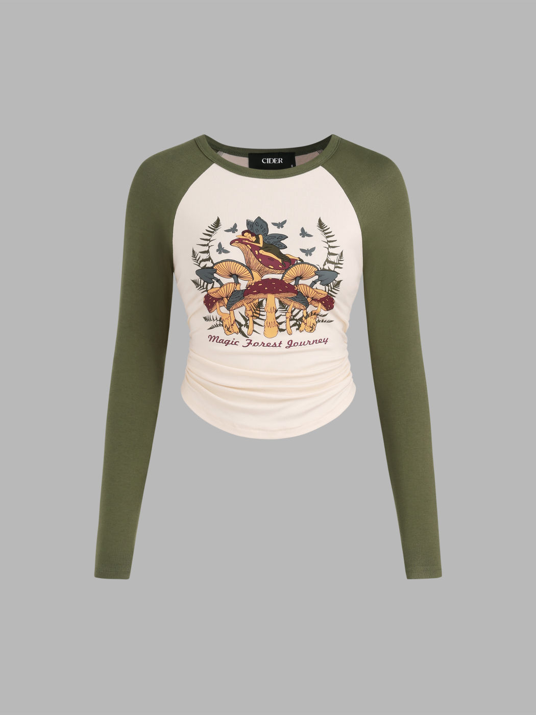 Magic Forest Journey Mushrooms Contrasting Binding Long Sleeve Top