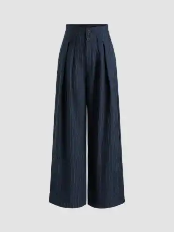 Mid Waist Striped Pleated Button Trousers