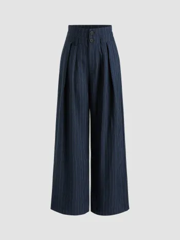 Mid Waist Striped Pleated Button Trousers