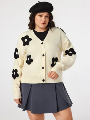 V-Ausschnitt Grafik Blumen Strickjacke Kurve & Plus