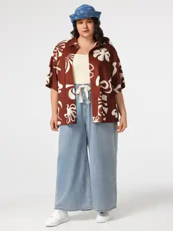 High Waist Solid Drawstring Wide Leg Jeans Curve & Plus