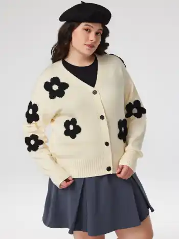 V-Ausschnitt Grafik Blumen Strickjacke Kurve & Plus