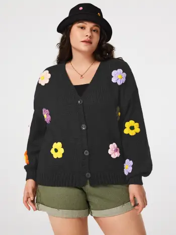 V-Ausschnitt 3D Blumen Strickjacke Kurve & Plus