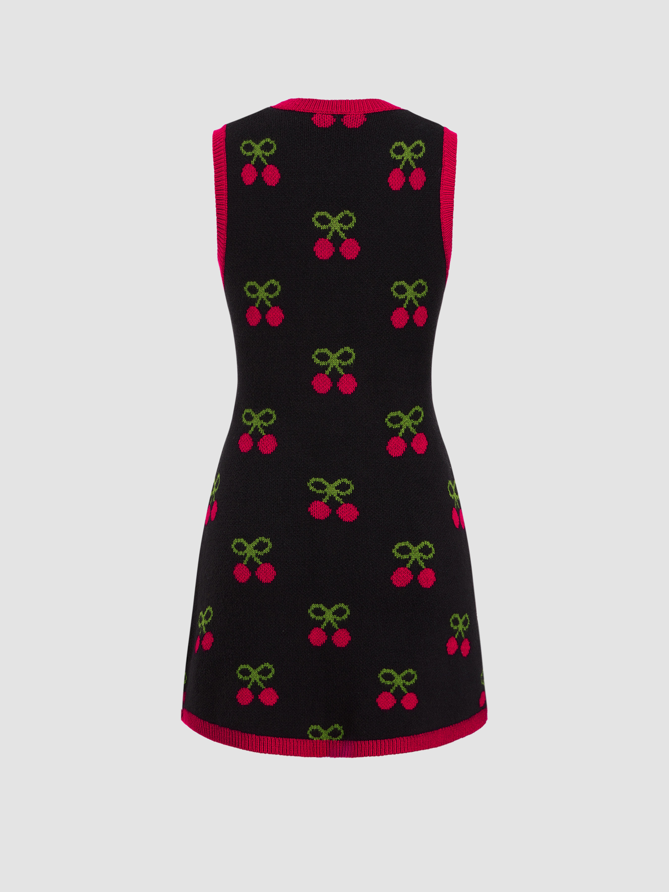 Knit Round Neck Embroidered Cherry Graphic Button Mini Dress - Cider