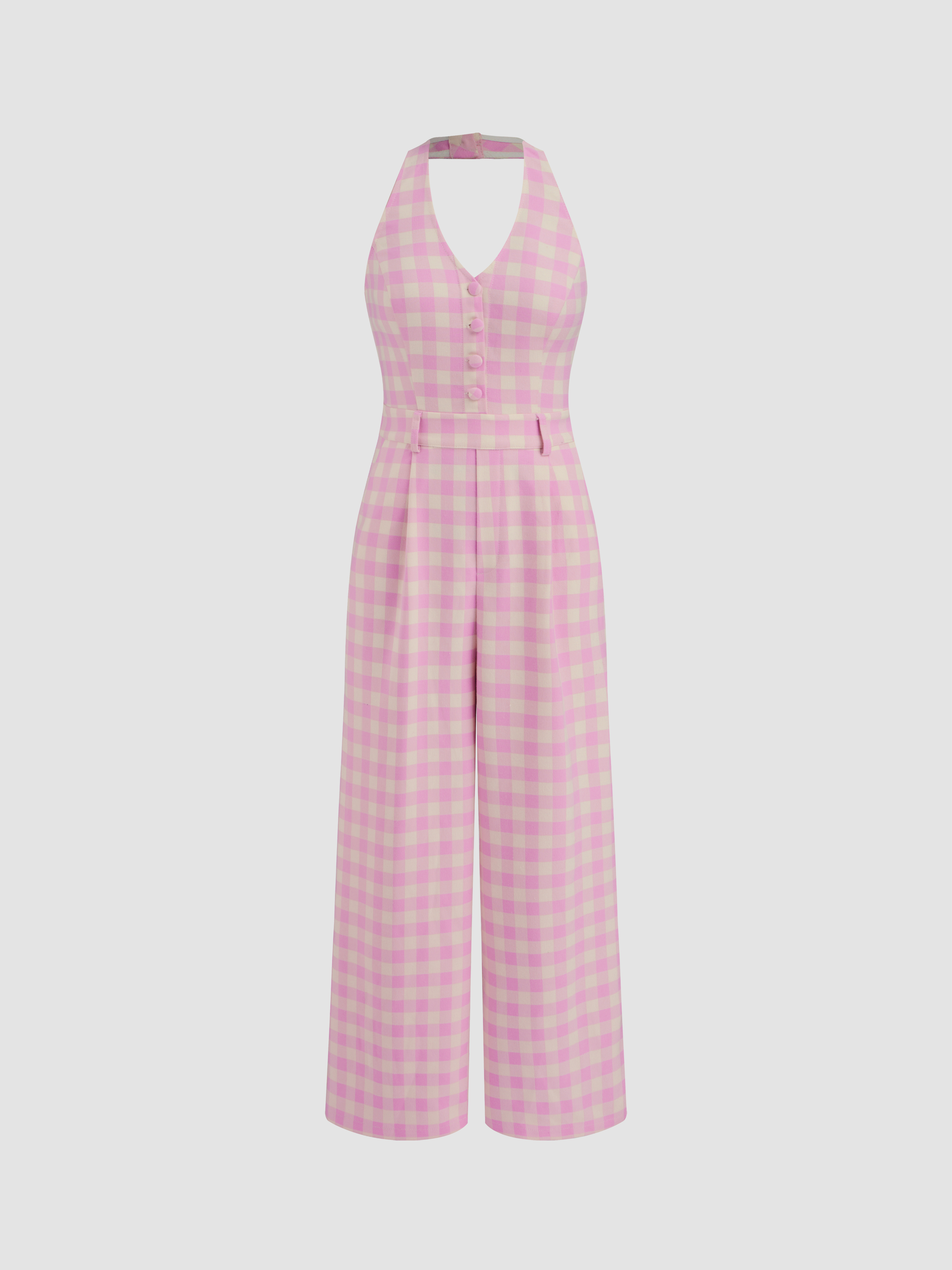 Woven Halter Neckline Gingham Button Jumpsuit For Daily
