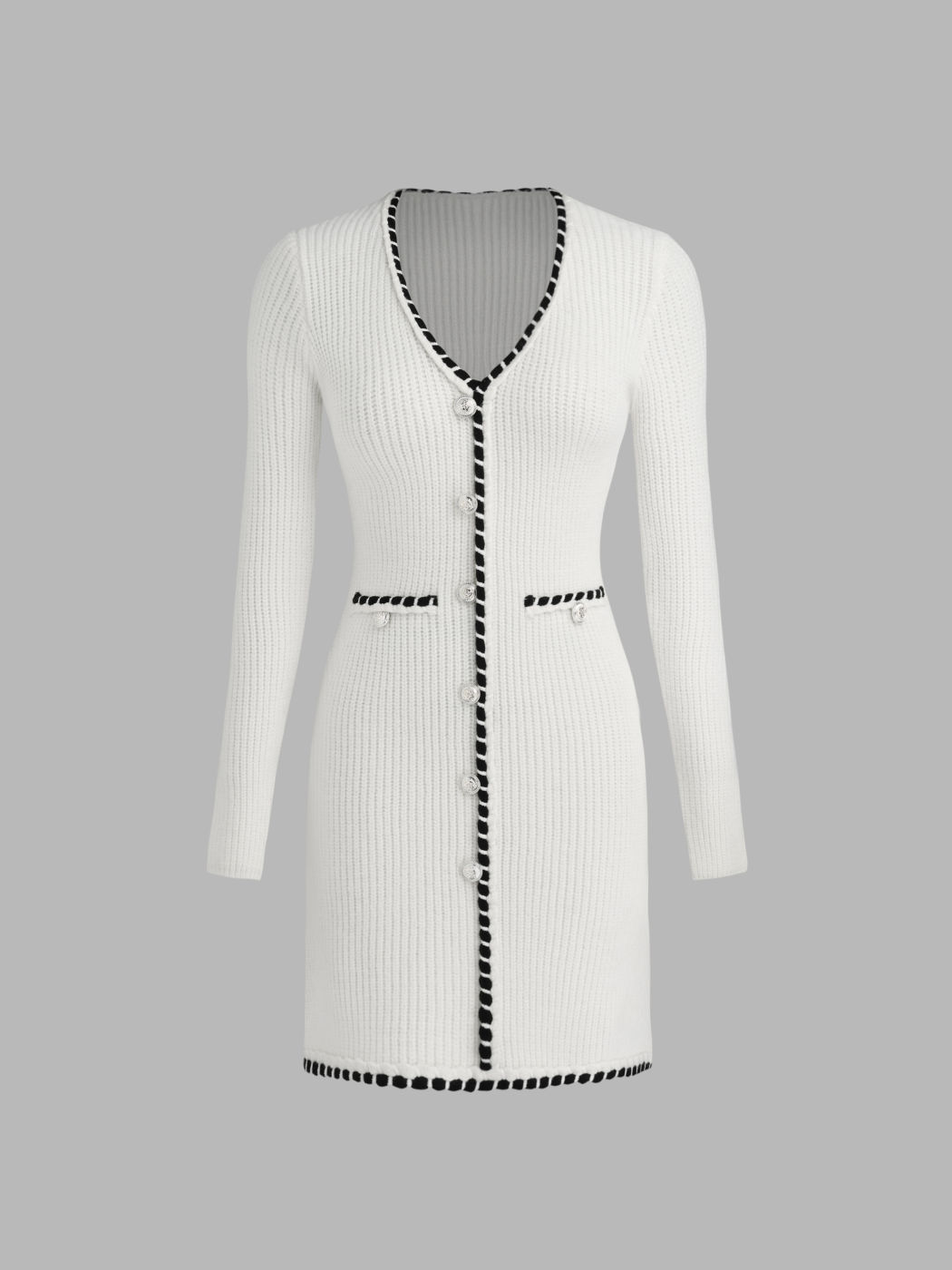  V-Ausschnitt Einfarbiges Knopf Strickkleid