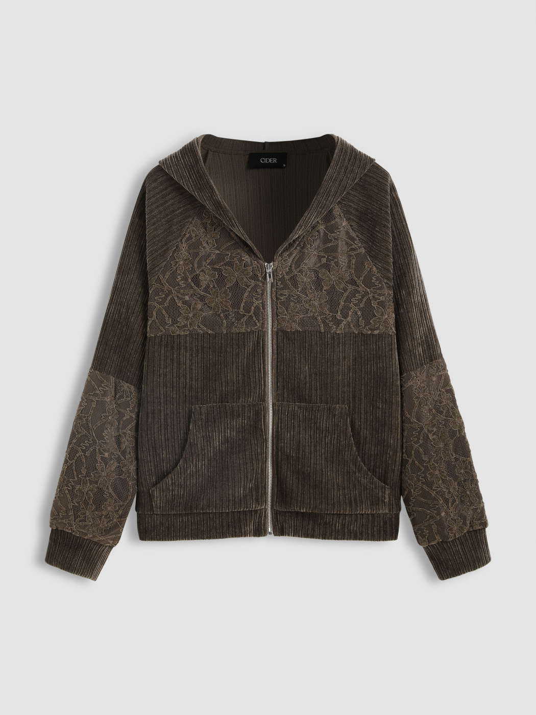 Corduroy Lace Floral Pocket Hoodie - Cider