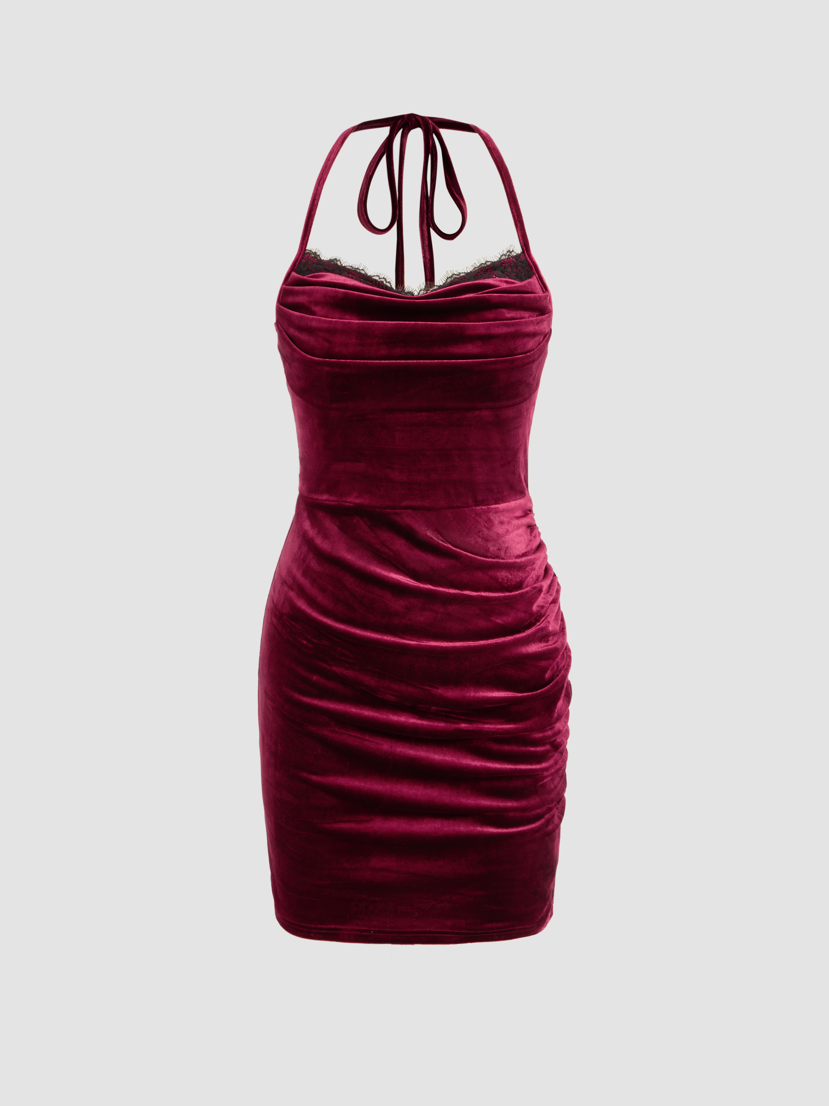 Velvet Cowl Neck Ruched Lace Mini Dress Cider