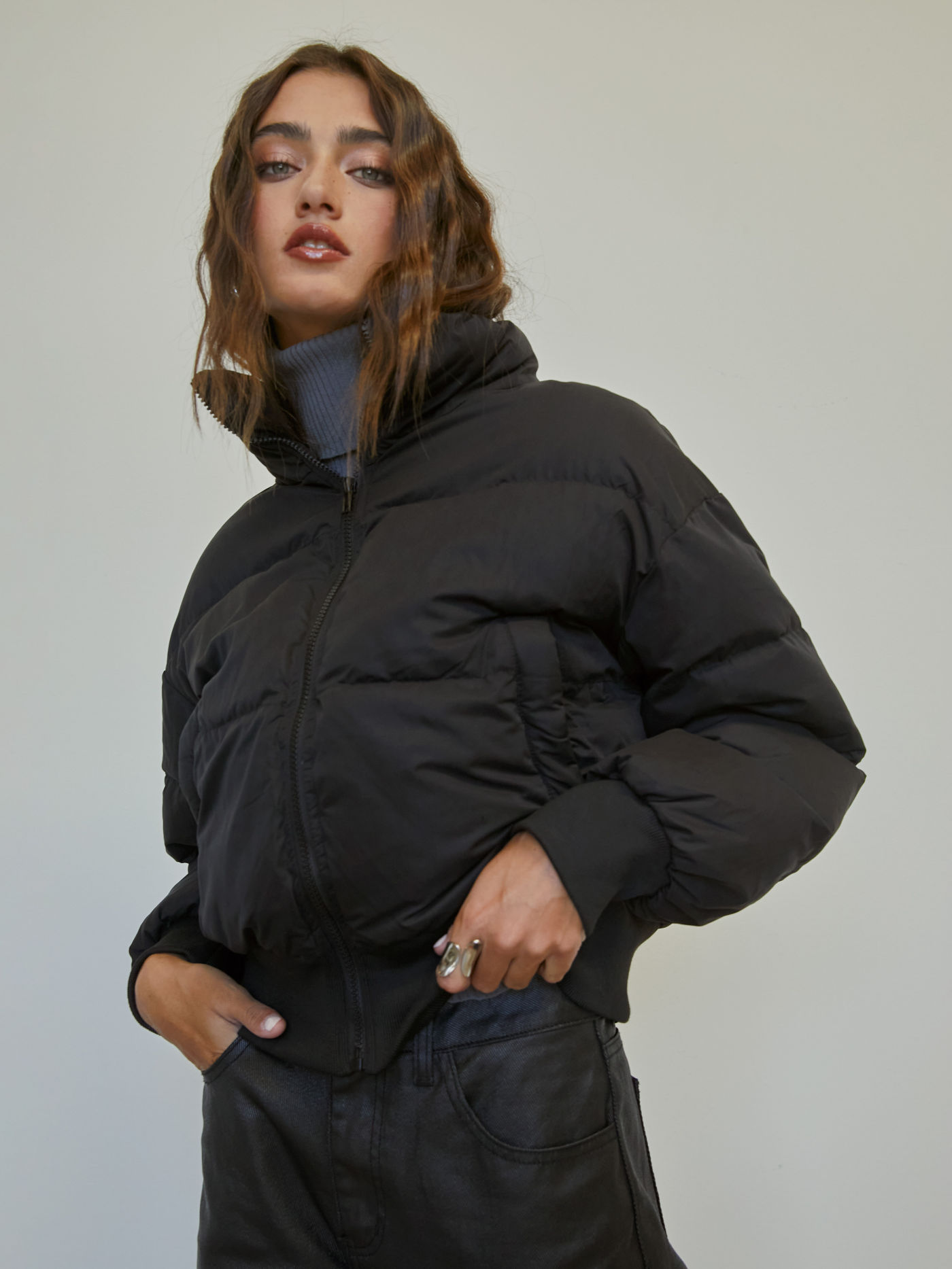 Stand Collar Solid Puffer Jacket