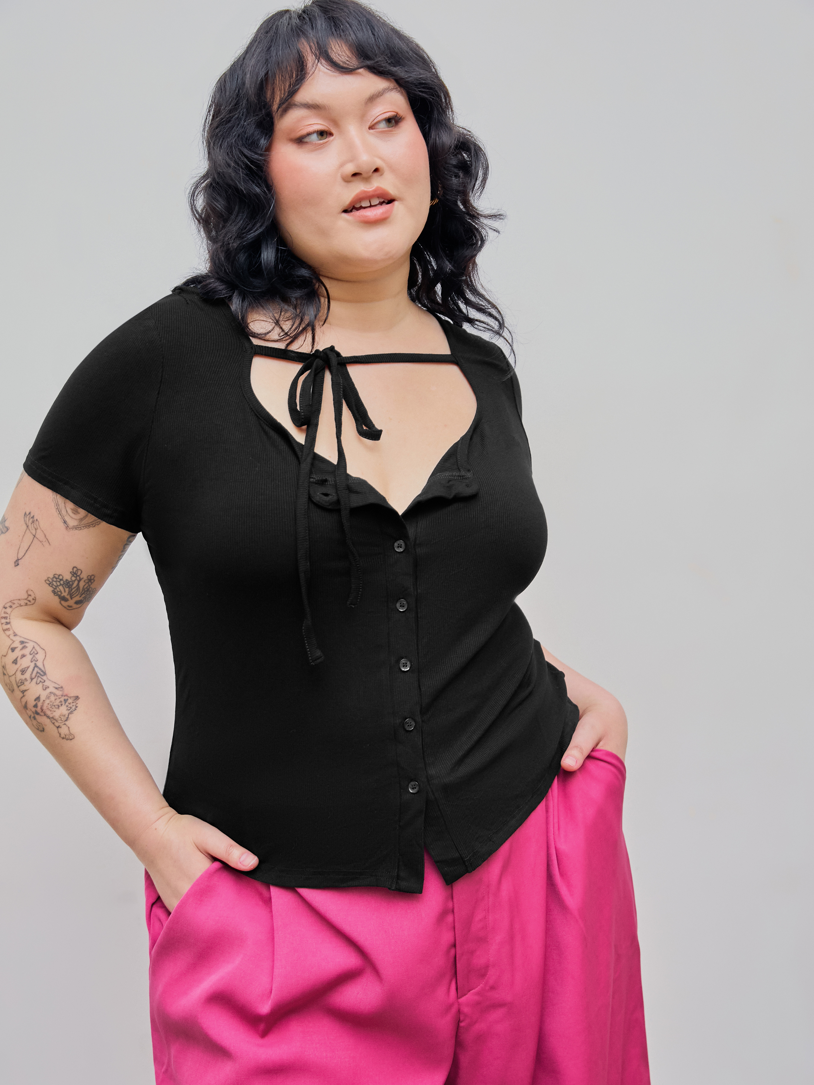 Knit Fabric Halter Neck Button Short Sleeve Top Curve & Plus