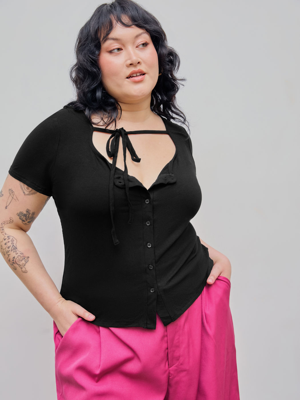 Halter Neck Button Short Sleeve Top Curve & Plus