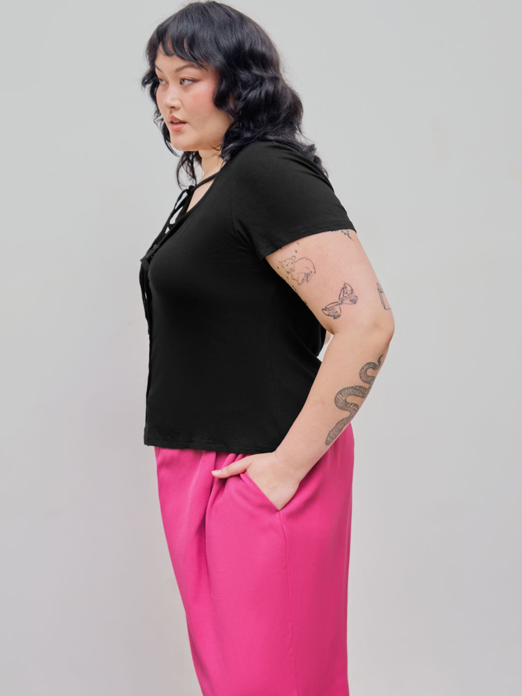 Halter Neck Button Short Sleeve Top Curve & Plus