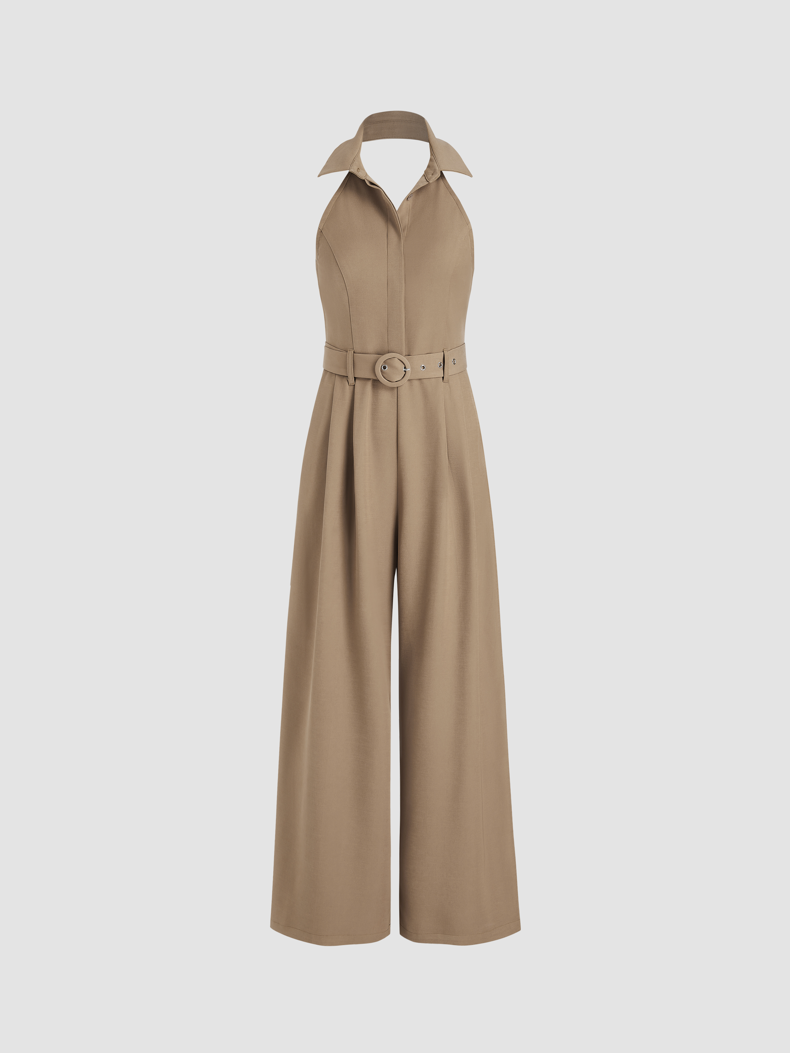 Halter Neckline Backless Solid Belted Jumpsuit - Cider