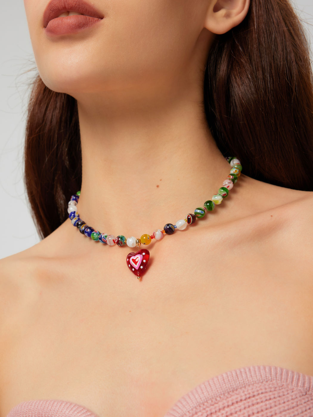 Glass Beaded Heart Decor Pendant Necklace