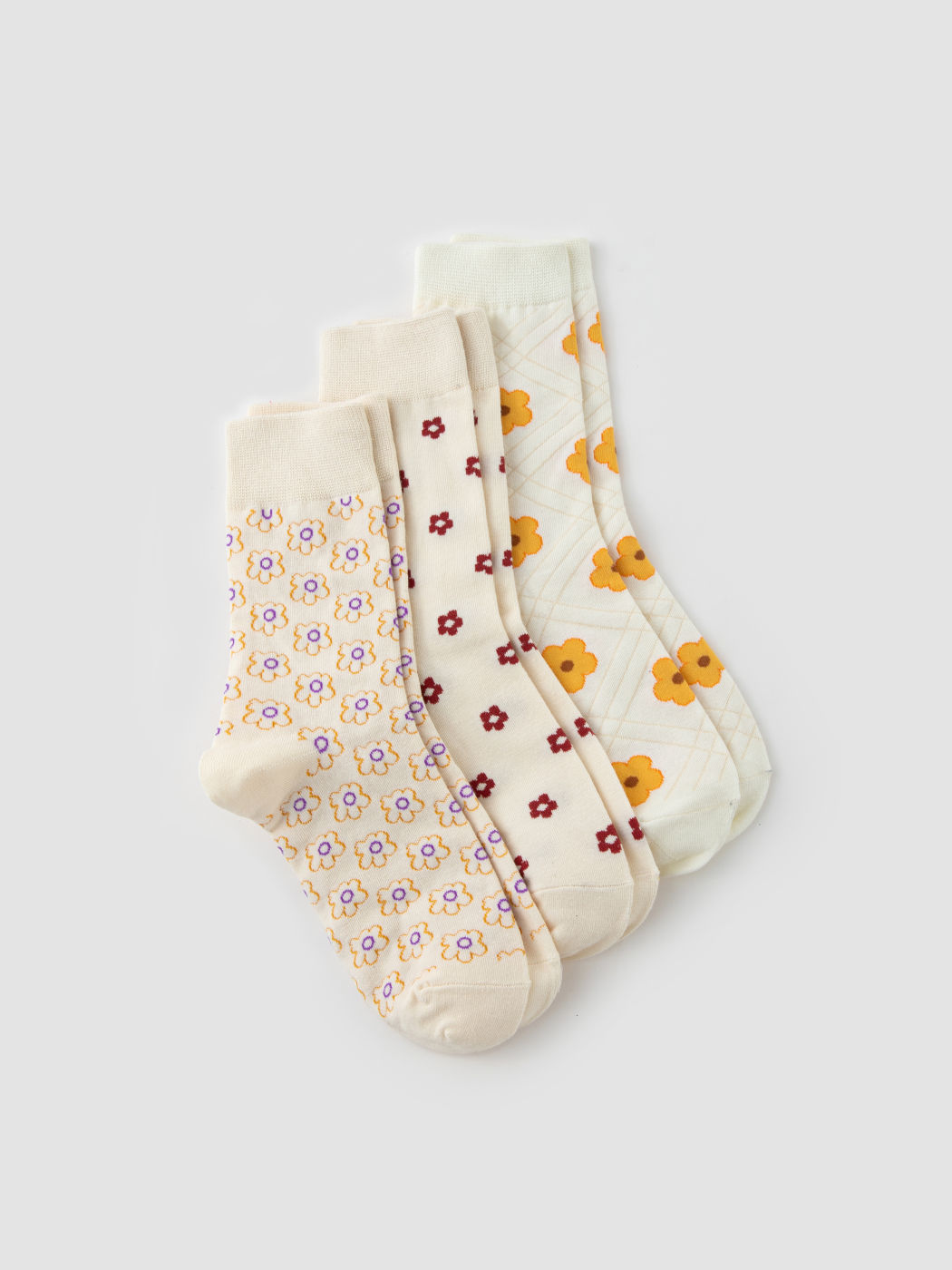 3 Pairs Floral Pattern Crew Socks Set
