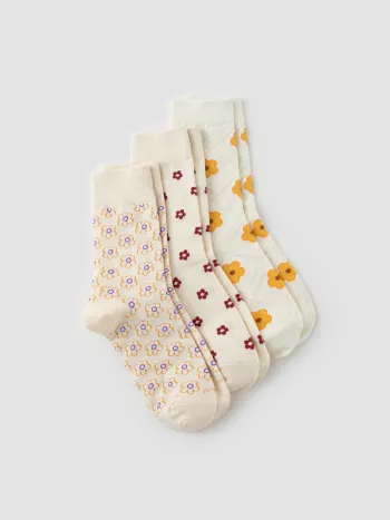 3 Pairs Floral Pattern Crew Socks Set
