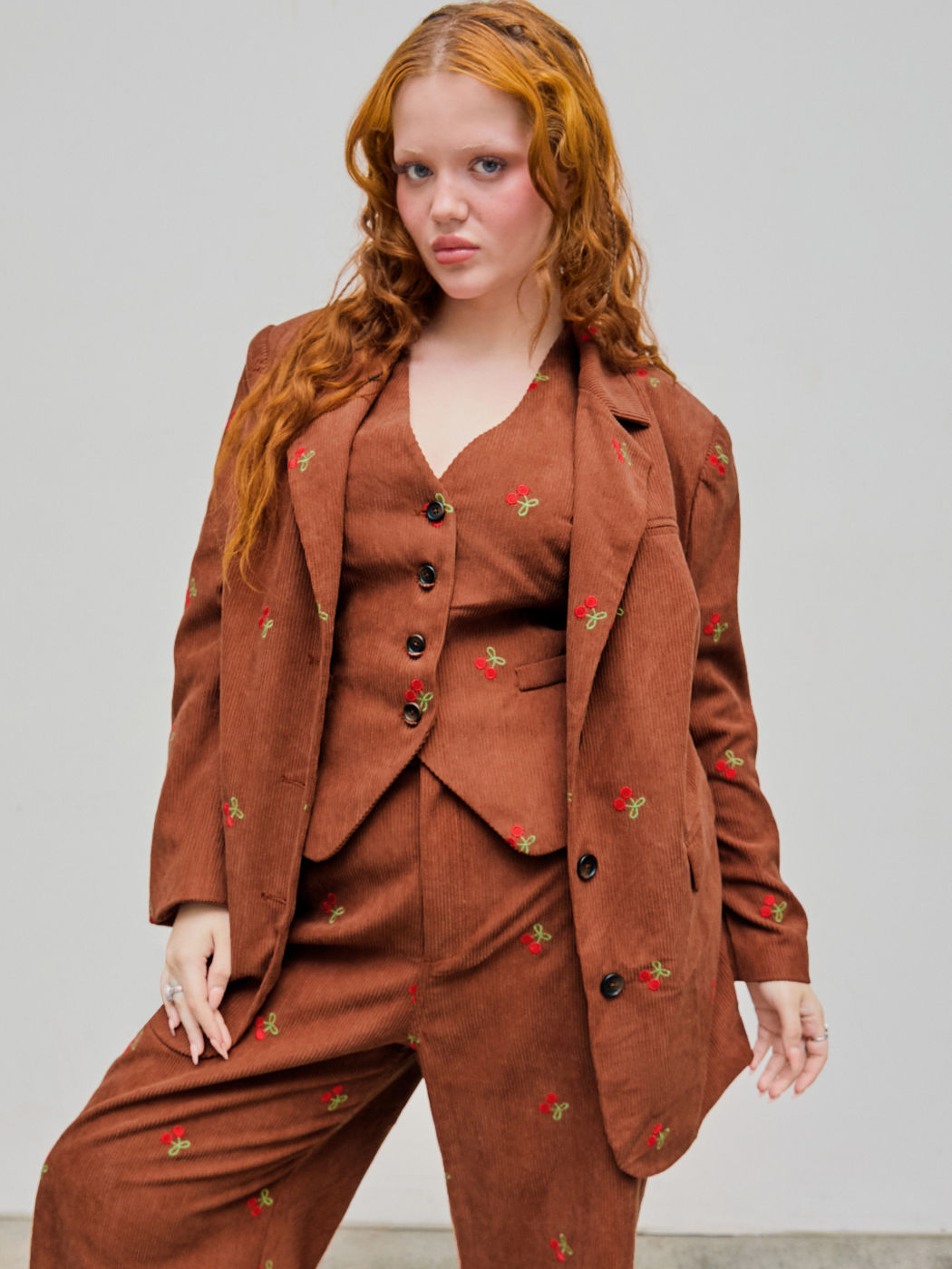 Corduroy Collar Embroidery Cherry Button Jacket Curve & Plus