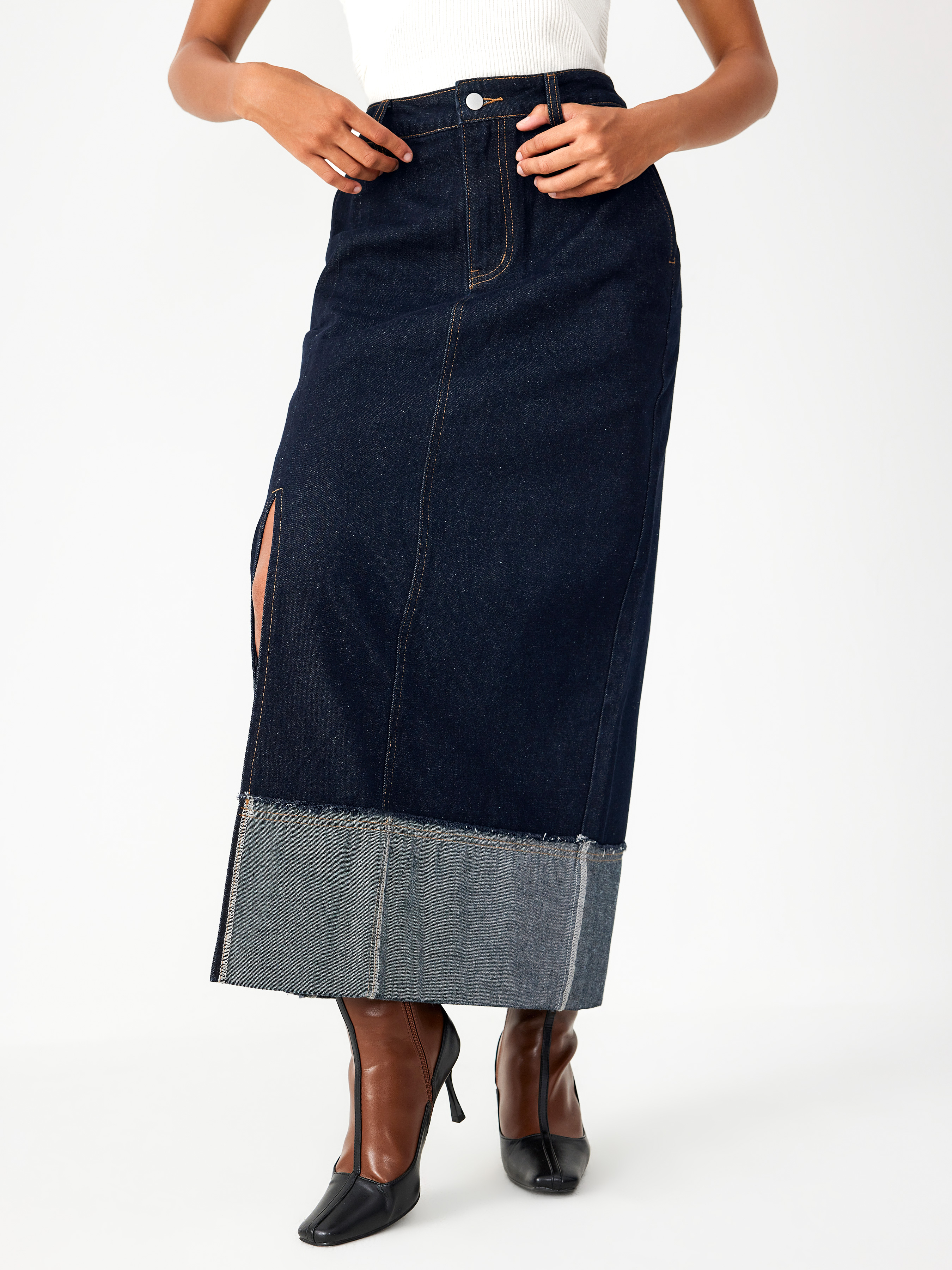 Denim High Waist Cuffed Solid Split Maxi Skirt - Cider