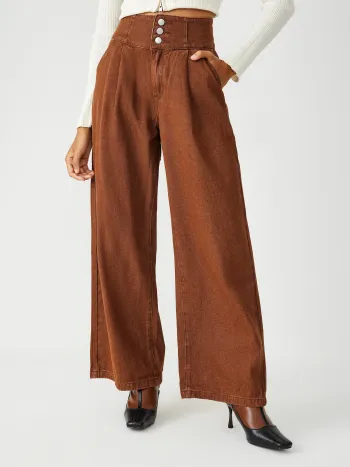 Denim Mid Waist Solid Weit Bein Jeans