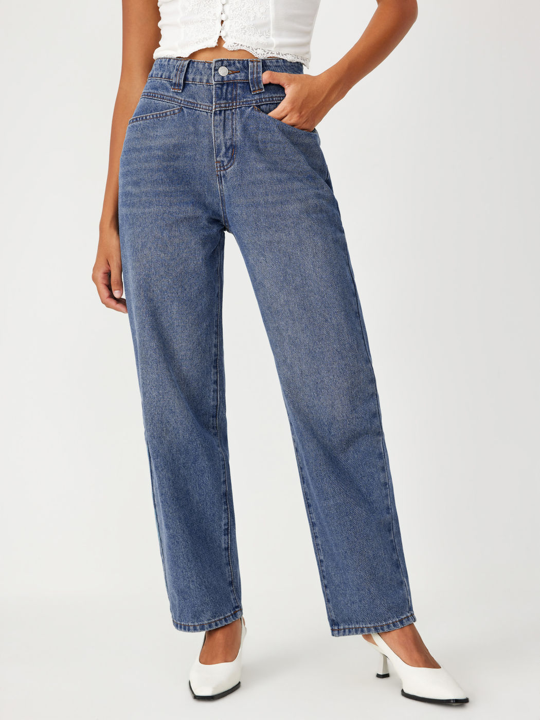 Mid Rise Solid Pocket Mom Jeans