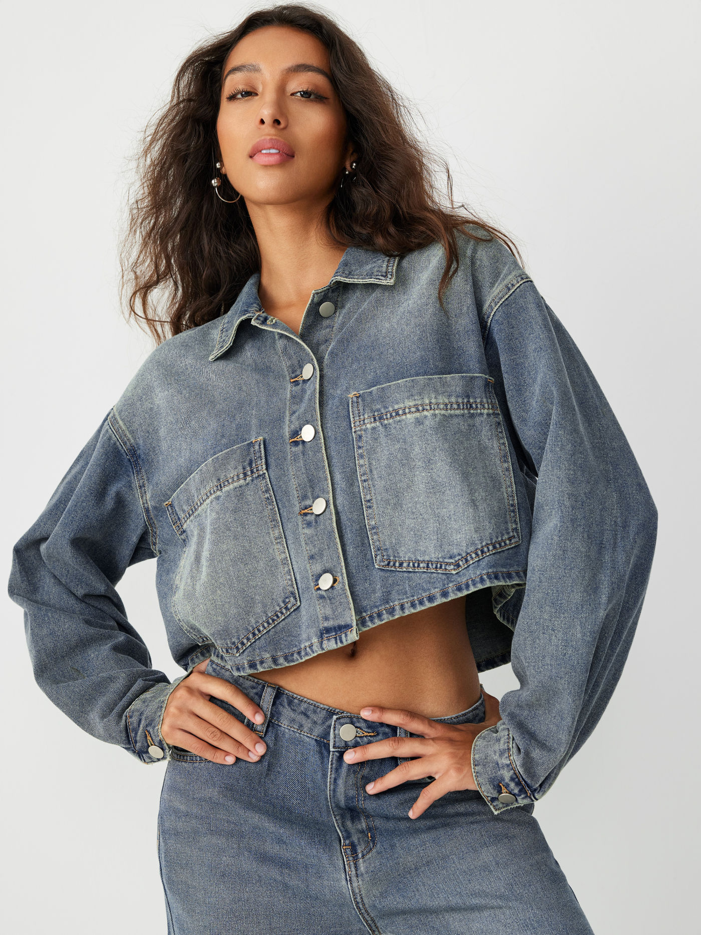 Denim Collar Solid Button Crop Jacket