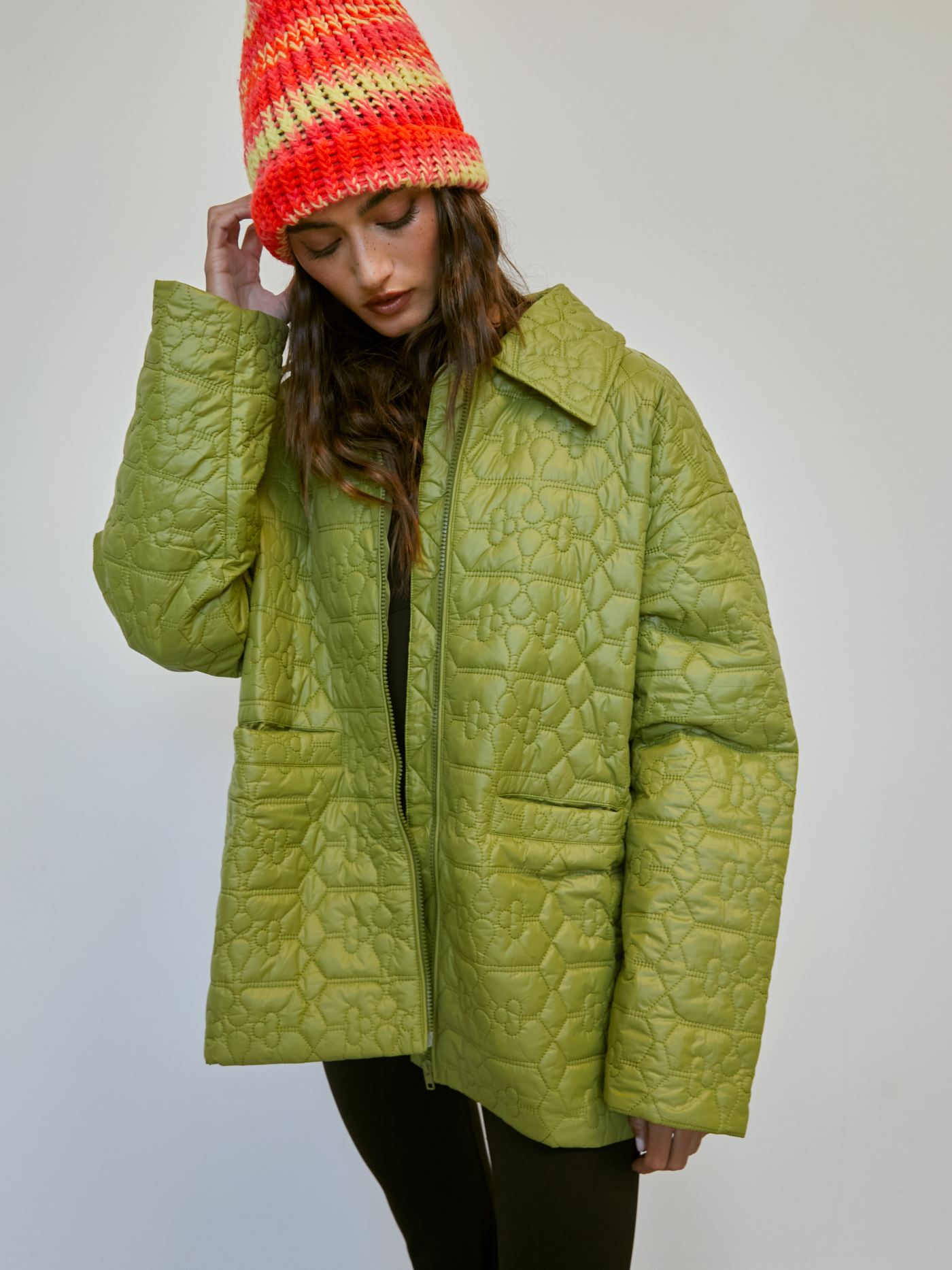 Collar Floral Button Puffer Jacket