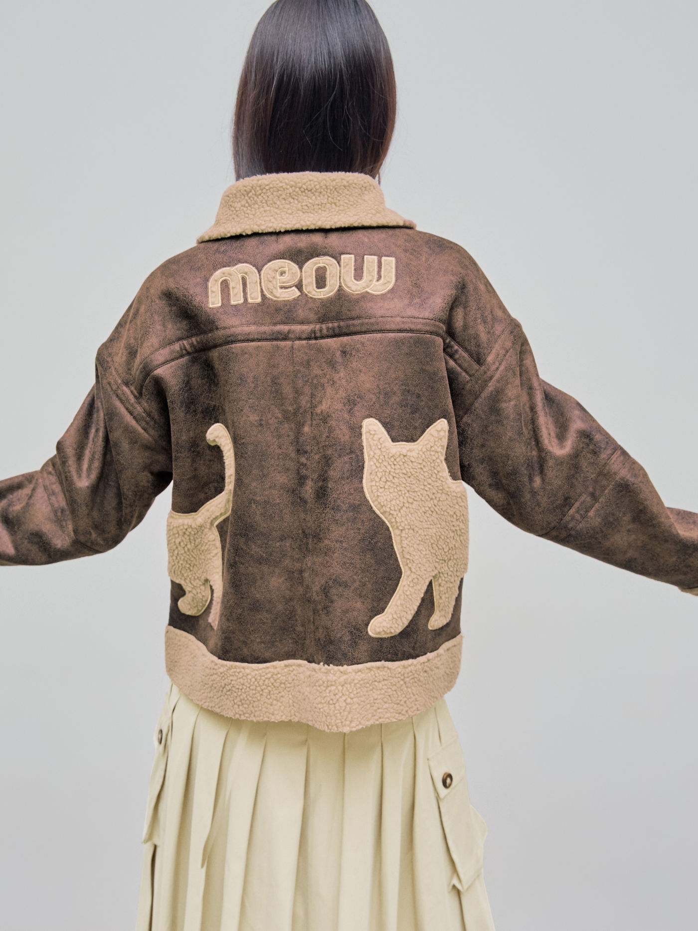 Faux Shearling Collar Cat Meow Zipper Shacket
