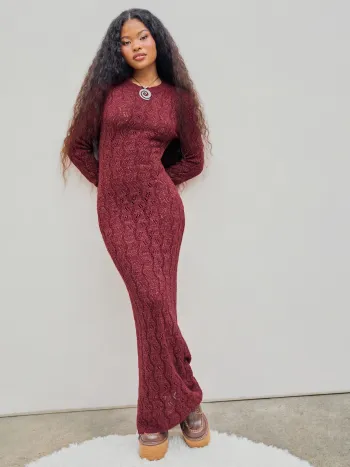 Wollmischung Rundhals Metallic Strick Maxikleid