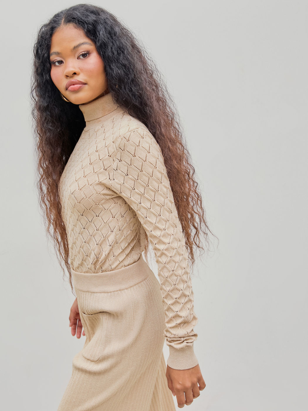 Wool-blend Metallic High Neck Geometric Metallic Knitted Top