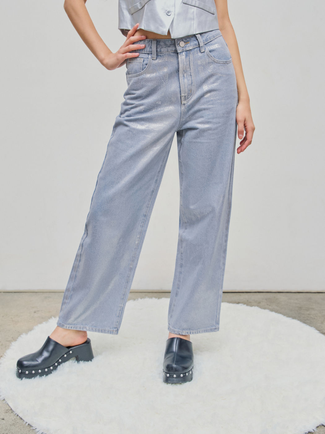  Denim Mittlere Taille Metallische Tasche Gerade Bein Jeans