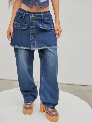  Denim Mittlere Doppelte Taille Solid Tasche Weite Bein Jeans