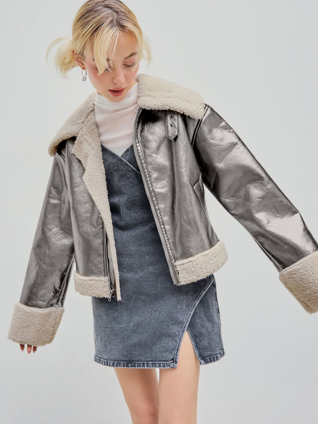  Fleece Metallic Kragen Patchwork Tasche Jacke