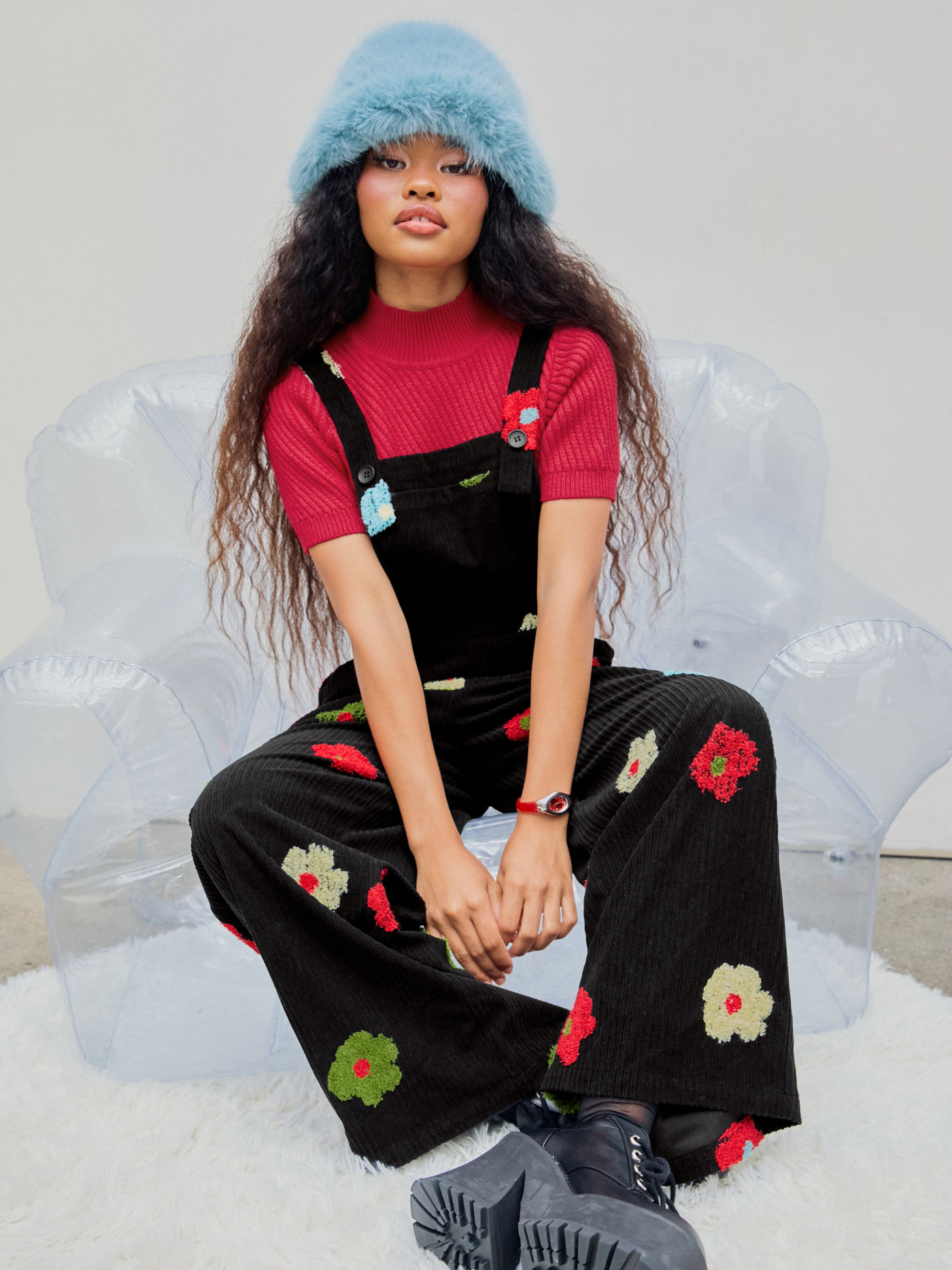Corduroy Square Neck Floral Jumpsuit