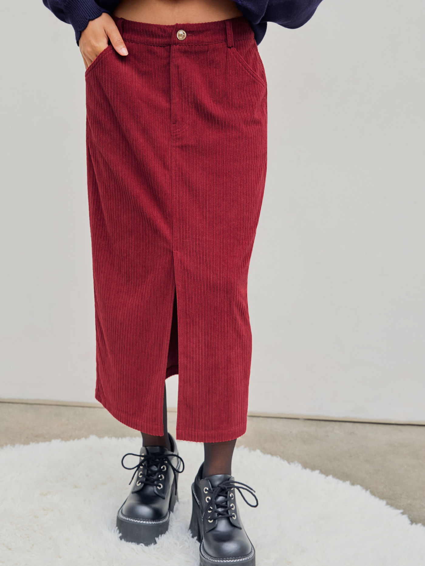 Corduroy Middle Waist Solid Split Maxi Skirt