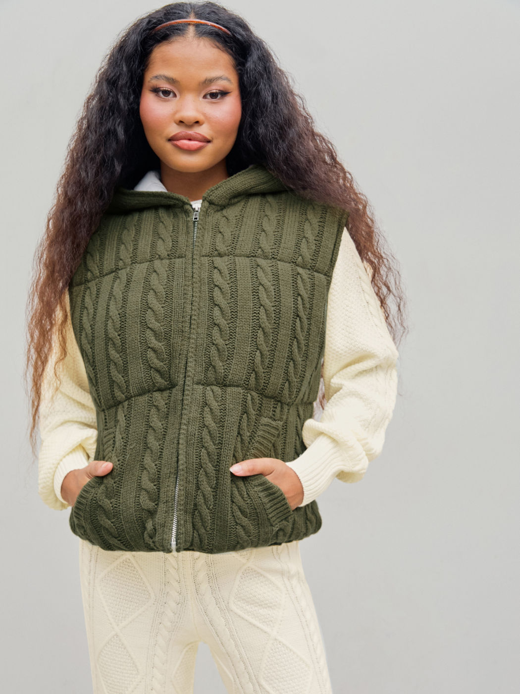 Cable Knit Hooded Jacket - Viscose Blend in Solid Colors