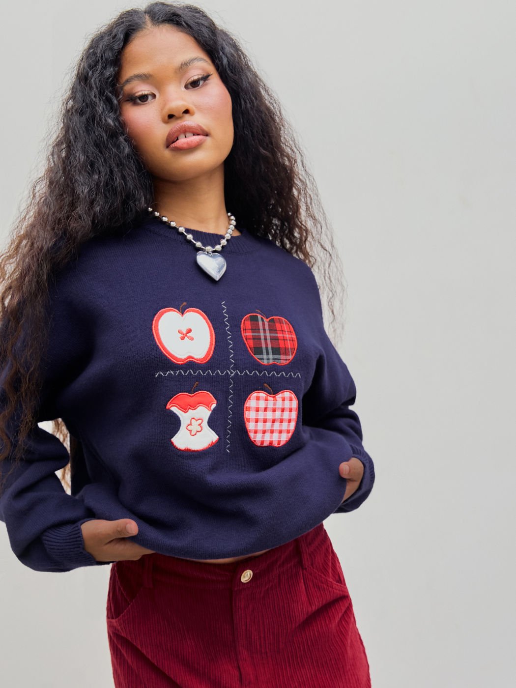  Rundhals Apfelgrafik Langärmliger Strickpullover