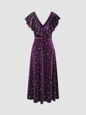 Velvet V-neck Star Ruffle Tie Back Midi Dress