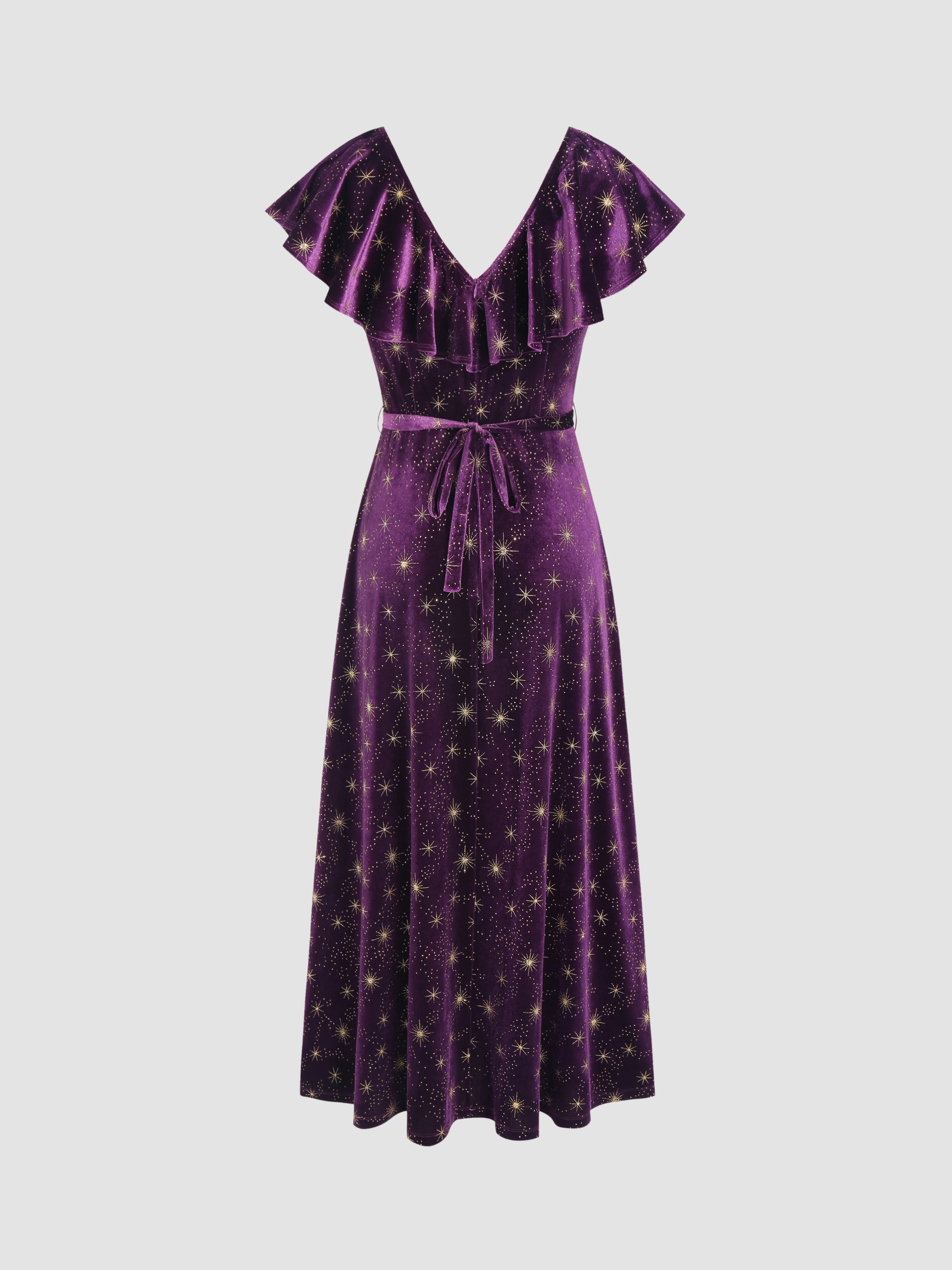 Velvet V-neck Star Ruffle Tie Back Midi Dress