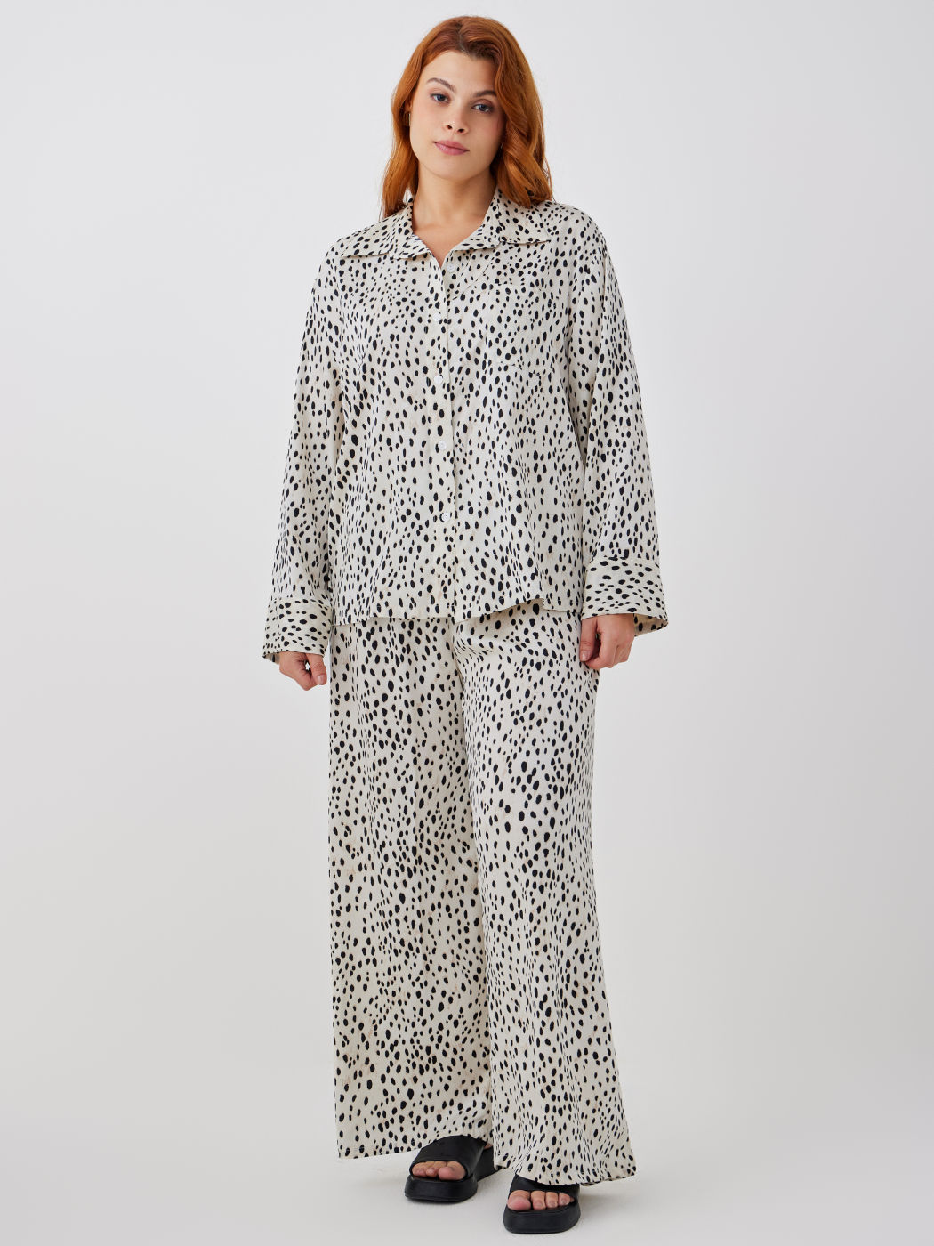  Kragen-Leopardenmuster-Pyjama-Set Kurve & Plus
