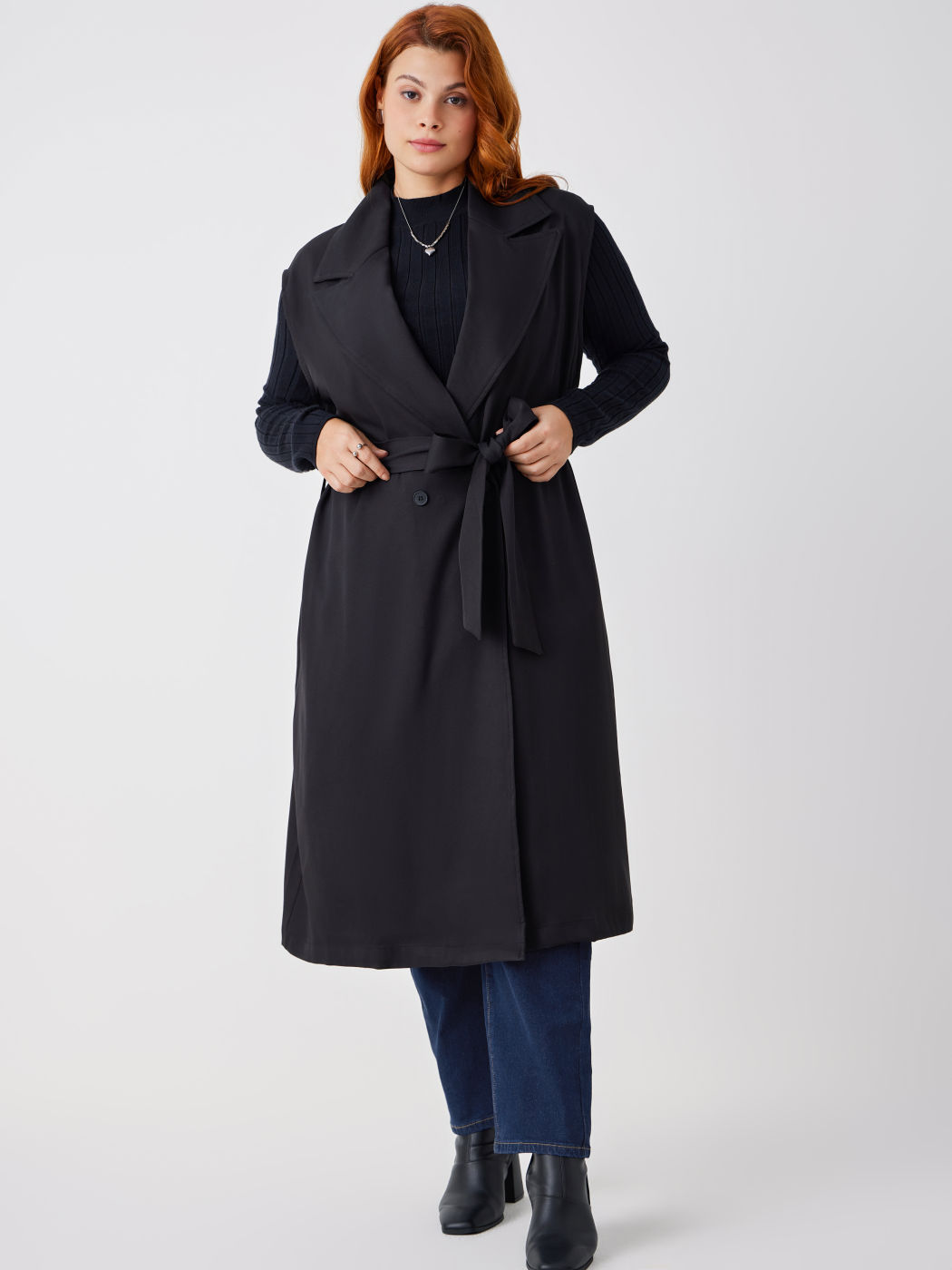 Collar Solid Belted Pocket Coat Vest Curve & Plus