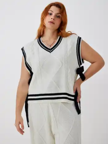V-neck Contrast Binding Bowknot Knitted Vest Curve & Plus